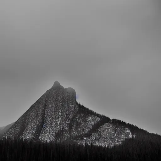 Image similar to a monolithic mountain in a taiga. overcast sky, snowing.