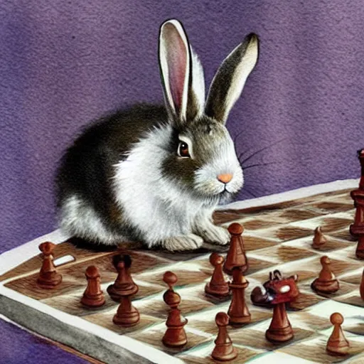 Image similar to a surprised rabbit sitting behind a chessboard, realistic watercolour