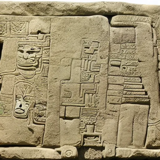 Prompt: stone mayan megalithic tablet depicting ancient vimana schematics