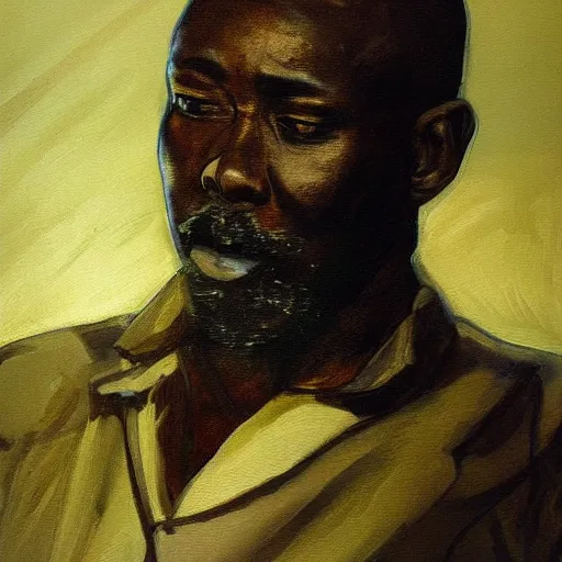 Prompt: a painting of a thinker, thoughtful, focused, visionary, calm, jovial, loving, daddy/fatherly, generous, well fed, elegant elder and his on from Kenya by Henry Ossawa Tanner . dramatic angle, ethereal lights, details, smooth, sharp focus, illustration, realistic, cinematic, artstation, award winning, rgb , unreal engine, octane render, cinematic light, macro, depth of field, blur, red light and clouds from the back, highly detailed epic cinematic concept art CG render made in Maya, Blender and Photoshop, octane render, excellent composition, dynamic dramatic cinematic lighting, aesthetic, very inspirational, arthouse.