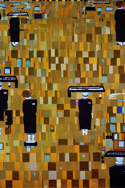 Image similar to oil painting highly detailed computer workers in office painted by gustav klimt