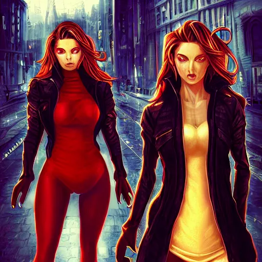 Prompt: adult pair of twins, male and female, arrogant and mischeivous, urban fantasy, half portrait, urban background, highly detailed, digital painting, artstation, concept art, sharp focus, smooth, art by artgerm and livia prima and magali villeneuve, elegant red black and gold clothing