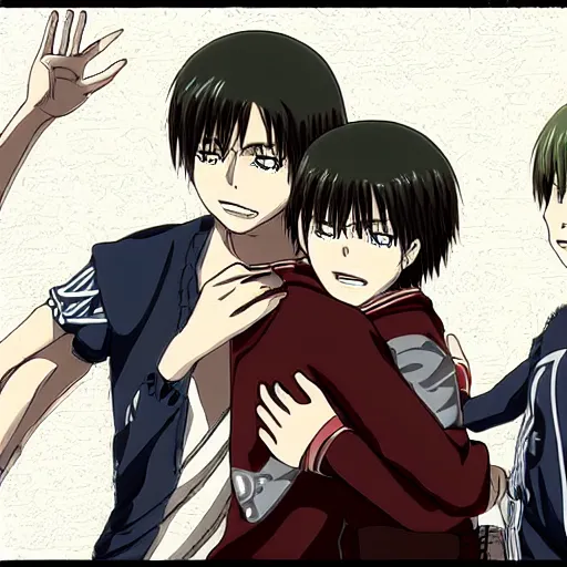 Prompt: Eren Jaeger, Armin, and Mikasa hugging