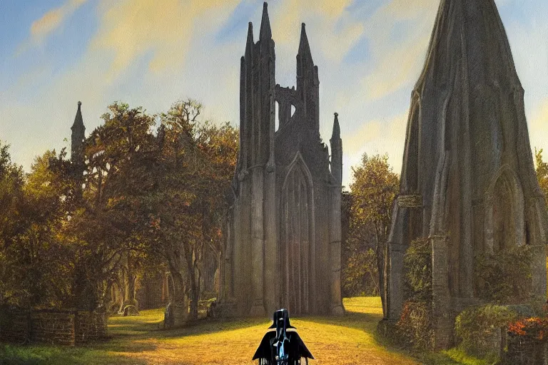 Prompt: a detailed oil painting of darth vader leaving a quaint medieval norman flint church, english, churchyard, trees, golden hour, lead - covered spire, realistic architecture