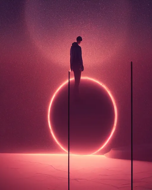 Image similar to a person standing in front of a glowy open door that's on a barren moon, poster art by mike winkelmann, trending on cg society, space art, sci - fi, ue 5, futuristic, volumetric lighting