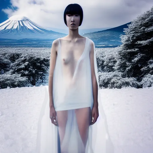 Image similar to a instax photo of fuji mountain, a tall japanese girl in a transparent sheer fabric dress against the background of fuji mountain, severe snow, full body shot, perfect symmetrical body, perfect symmetrical face, coherent symmetrical eyes, by peter kemp, by monia merlo, hyperrealistic, hyperdetailed, octane render, 8 k