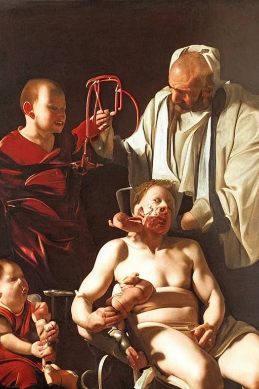 Prompt: hyper realistic oil painting of a handsome man sitting in a gilded chair with tubes coming out of his arm, getting a blood transfusion from a baby in the background. dark. in the style of caravaggio