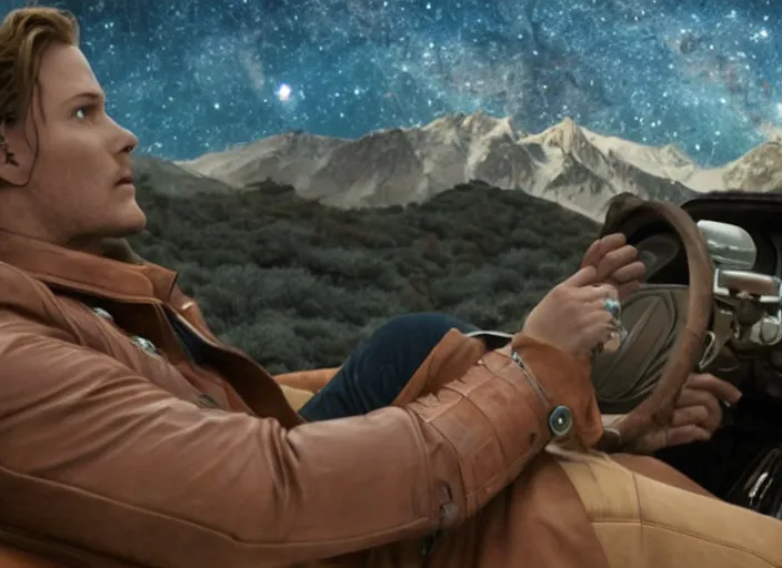 Image similar to a very high resolution image from a new movie, starlord. inside of a car. mountains, falling stars, directed by wes anderson