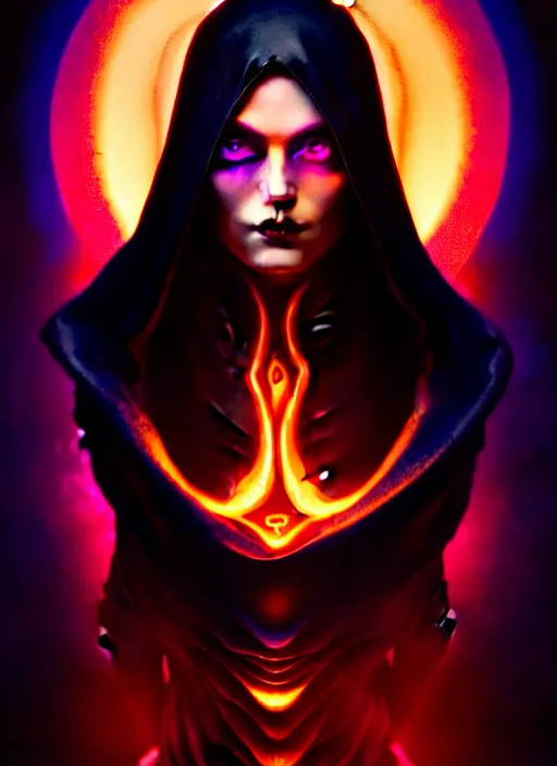 Image similar to book cover, front portrait, dark witch with black hood and evil eyes, realism, soft, smooth, luminescent, art nouveau tarot, backlit glow, colorful swirly ripples, gaudy colors, aesthetic octane render, unreal engine, 8 k, by artgerm, greg rutkowski, alphonse mucha