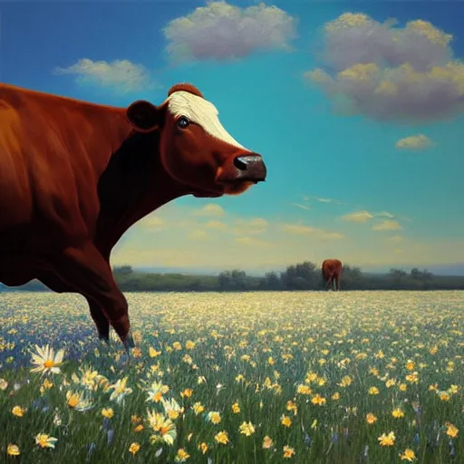 Image similar to Hyper realistic oil painting of a cow standing in the middle of a field of daisies, blue sky, high contrast, by greg rutkowski, trending on artstation