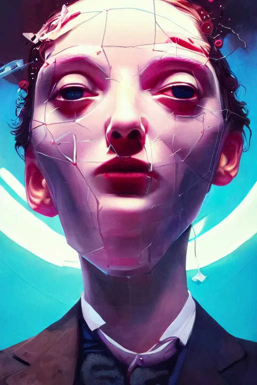 Prompt: 3 d, close - up, grim fashion model looking up, glass, neon, poster art, intricate oil painting, high detail, figurative art, multiple exposure, poster art, 3 d, by stanley kubrick and tooth wu and wlop and beeple