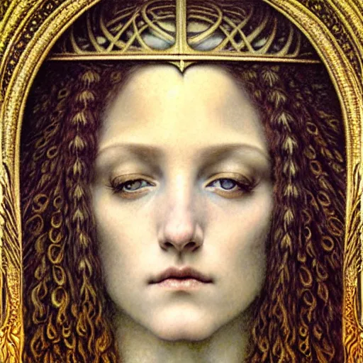 Image similar to detailed realistic beautiful young medieval queen face portrait by jean delville, gustave dore and marco mazzoni, art nouveau, symbolist, visionary, gothic, pre - raphaelite. horizontal symmetry