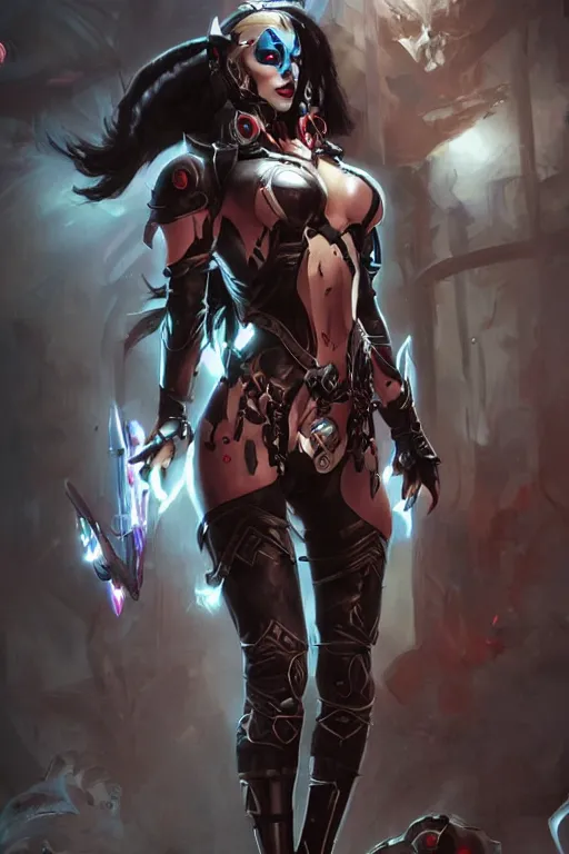 Image similar to portrait of dark eldar Harley Quinn in bikini armor, dc comics, cyberpunk, Warhammer 40000, dark fantasy, digital art from artstation by Ruan Jia and Mandy Jurgens and Artgerm and william-adolphe bouguereau