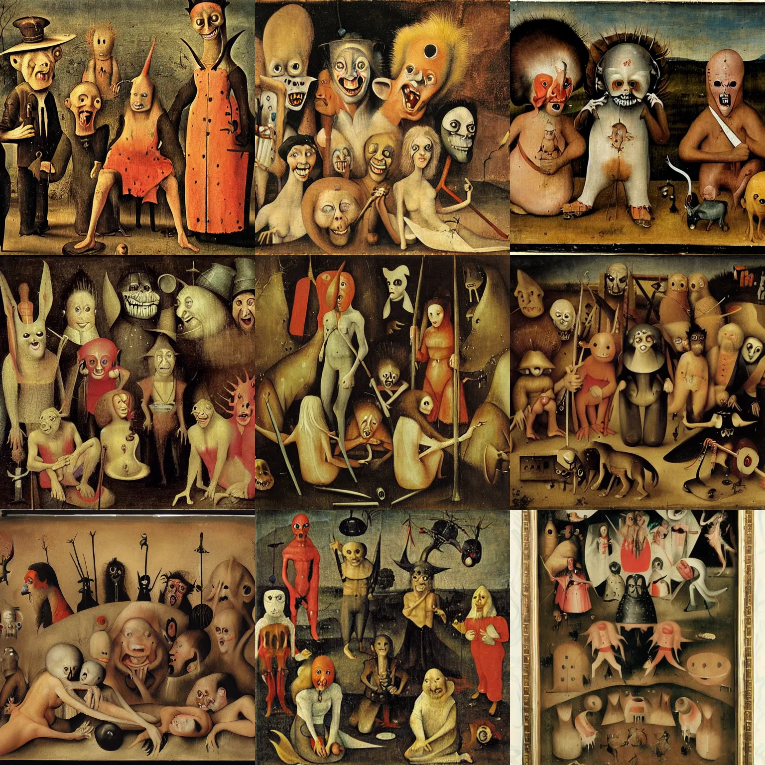 Prompt: The performers of Tod Brownings movie Freaks as painted by Hieronymus Bosch