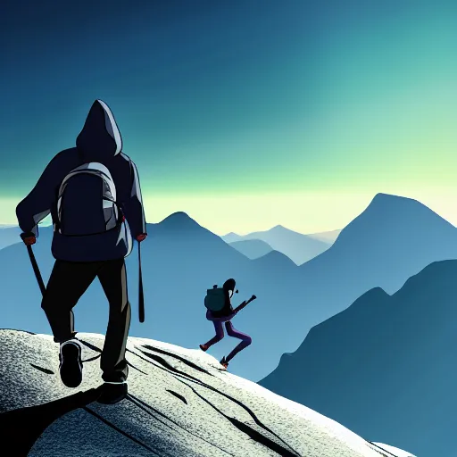 Prompt: person with hoodie walking up a mountain with a backpack that has katanas on the sides by carrie south and aokamei and sasucchi 9 5, anime, amazing composition, astonishing detail, smooth lines, beautiful scenery