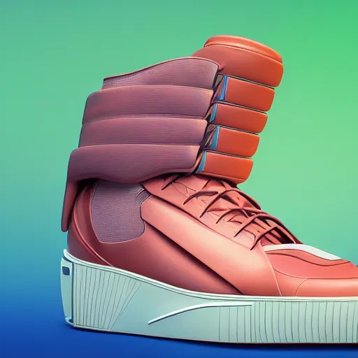 Image similar to futuristic balenciaga and vetements sneakers on gradient background, ultra rendered extreme realism and detail 8 k, highly detailed, realistic, refined, bautiful, fine art photography, hyper realistic, in the style of greg rutkowski, by artgerm, by gustave dore, by marco turini, photorealistic, elegant, sharp focus, artstation,