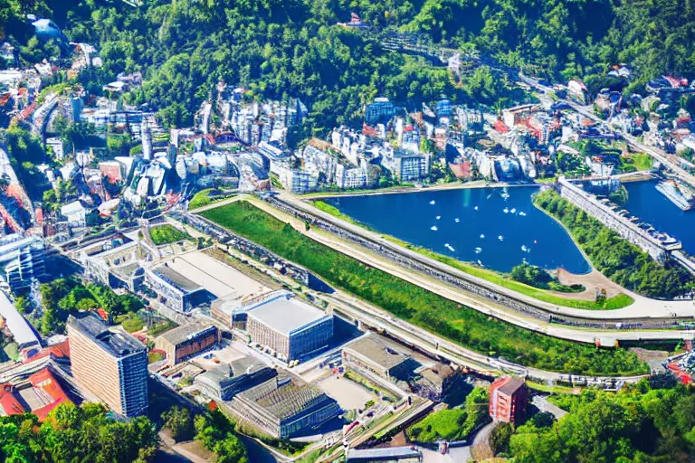 Image similar to bird's eye view photography of a small city. town hall, central farm, monorail station, beach and shipping dock. hills, woods and lake to the north.