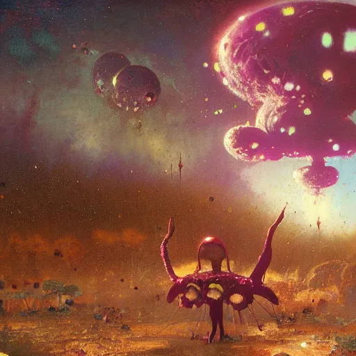 Image similar to a lovely picture of a mycelium alien by john berkey, by george inness, by john harris, purple and red and white gradient colour theme, trending on deviantart, rendered in blender, 8 k resolution