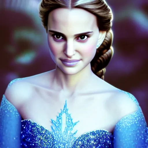 Prompt: princess elsa played by a young natalie portman with smooth skin and light blue eyes, ethereal, mystic, medium shot, detailed eyes, vivid, golden hour