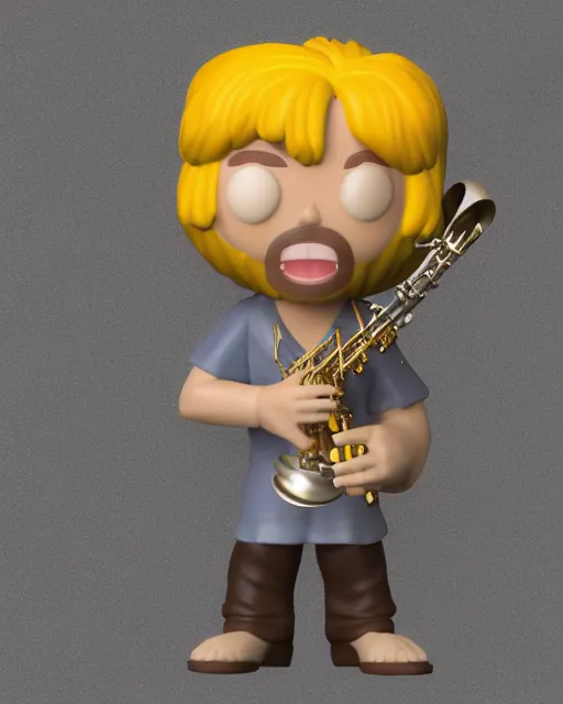 Prompt: full body 3d render of blond hippie man playing sax as a funko pop!, studio lighting, grey background, single body, no shadow, blender, trending on artstation, 8k, highly detailed