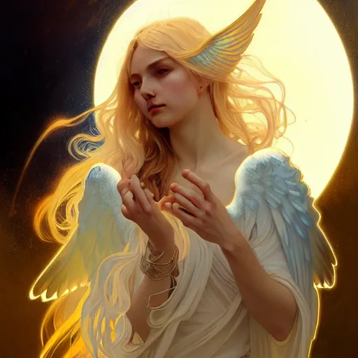 Prompt: Winged girl seraphim with blonde hair and glowing halo, iridescent, fantasy, intricate, elegant, highly detailed, digital painting, artstation, concept art, smooth, sharp focus, illustration, art by Krenz Cushart and Artem Demura and alphonse mucha