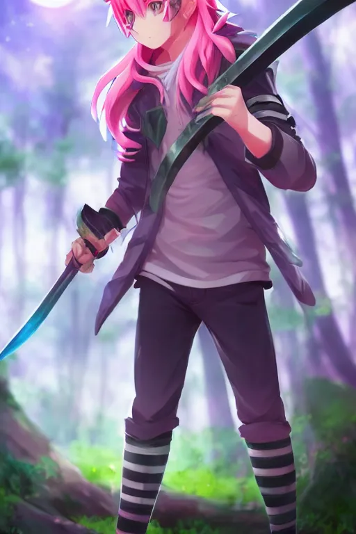 Image similar to a beautiful fullbody portrait of a cute male anime boy with pink hair, wearing a cool outfit, barefoot, wielding a sword in battle position, in a forest, at night. ambient occlusion, volumetric light, detailed, realistic, fantasy character, rendered in octane