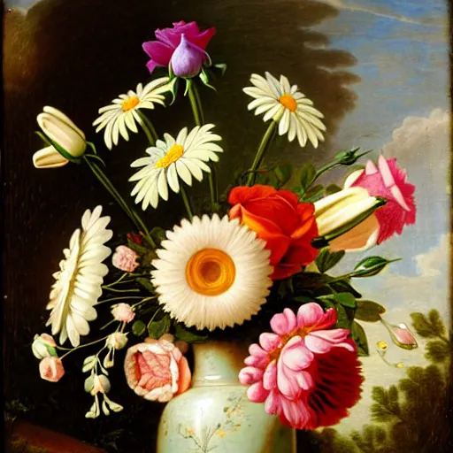 Image similar to a still life of a vase of flowers with a mix of roses daisies and lilies.