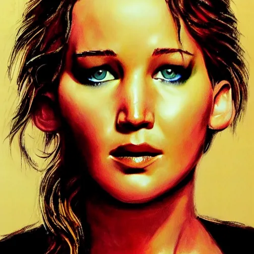 Prompt: ultra realistic portrait painting of jennifer lawrence in venom, art by frank frazetta, 4 k, ultra realistic, highly detailed, epic lighting.