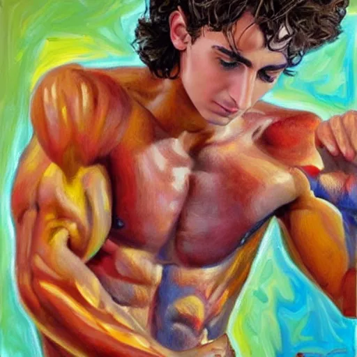 Prompt: cosmic muscle god, timothee chalamet, 8 k, detailed oil painting