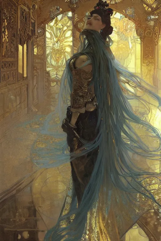 Prompt: a girl emperor being escorted by shadow guards wears long golden flowing robes, an ostentatious palace and garden are seen in the background. by jeremy mann and alphonse mucha, fantasy art, photo realistic, dynamic lighting, artstation, poster, volumetric lighting, very detailed anatomy and faces, 4 k, award winning