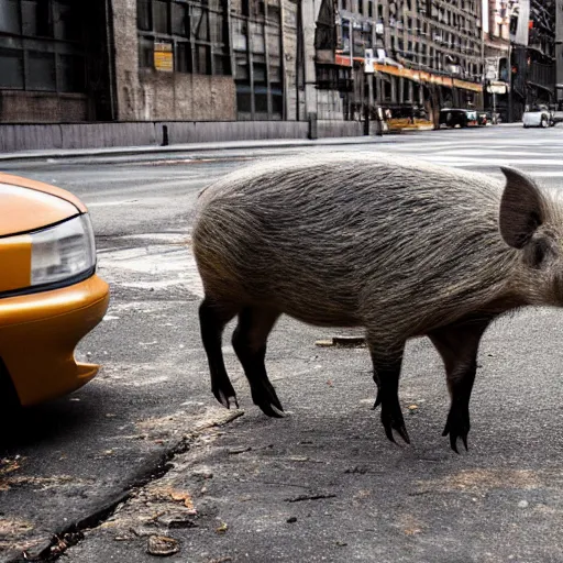 Image similar to a wild pig on a abandoned city of new york the pictures looking around