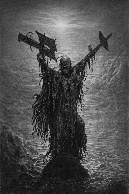 Prompt: painting by gustave dore of a drowned zombie with!! glowing cyan eyes!!, holding a trident, underwater