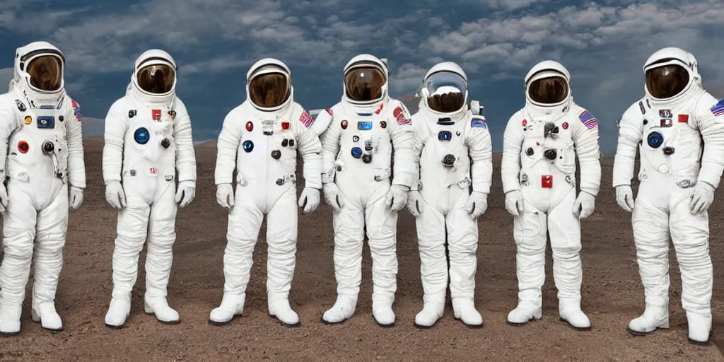 Image similar to A team photo of various animals standing still in white spacesuits before their mission to explore Mars. Highly detailed picture.