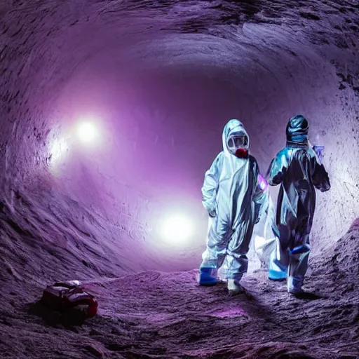 Prompt: People in hazmat suits exploring the deepest parts of a dark pit using flashlights. Gigantic iridescent alien structures can be seen in the distance. Establishing shot, cinematic. 4k ultra hd, film