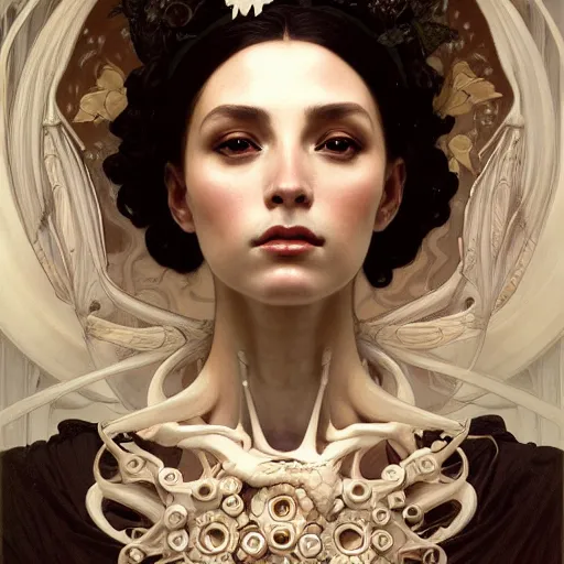 Prompt: a portrait of the bone queen, intricate, elegant, highly detailed, digital painting, crown of skulls, artstation, concept art, smooth, sharp focus, illustration, art by artgerm and greg rutkowski and alphonse mucha and william - adolphe bouguereau