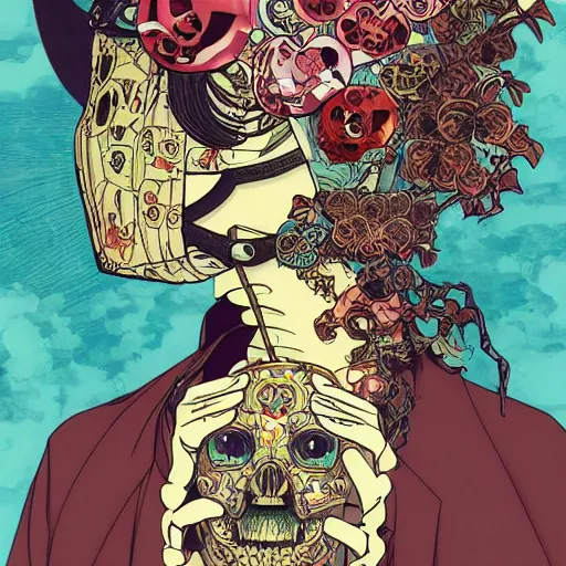 Prompt: anime manga skull portrait girl female skeleton wearing mask helmet 80s vaporwave detailed patterns art Geof Darrow and Ashley wood and Ilya repin and alphonse mucha pop art nouveau