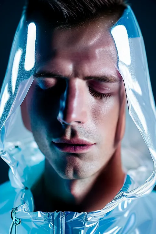 Image similar to an ultra high definition professional high fashion portrait studio full length photograph of a male model falling asleep wearing a transparent pearlescent raincoat and neon visor in an icelandic black rock environment at dawn. no artefacts. extremely detailed. stark. refraction. shallow depth of field. volumetric light and shadow. ray tracing. light rays.
