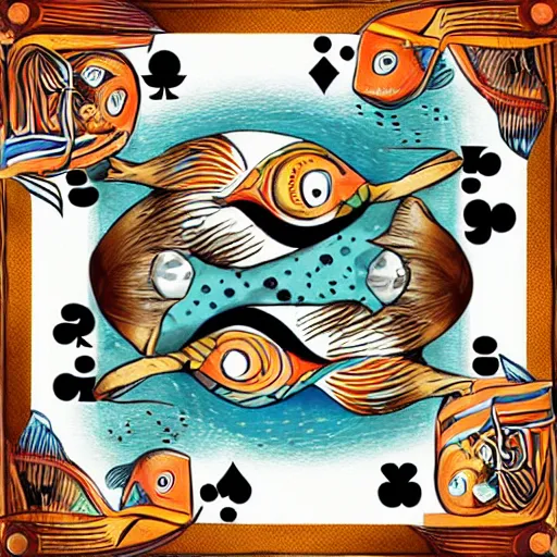 Image similar to two fishes sitting at a table playing cards at the bottom of the sea, the table has a checkered table cloth, lowbrow surrealistic, in the style of mark ryden,