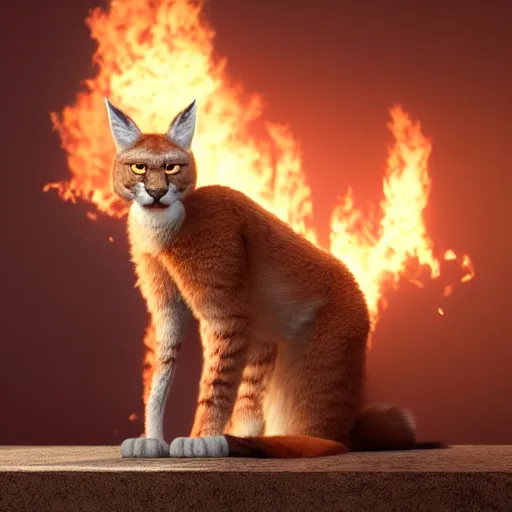 Prompt: wide-angle photo of fluffy cute caracal sitting on a stool in a room, flames of fire at background, octane render, 3d, 8k, hd, studio light