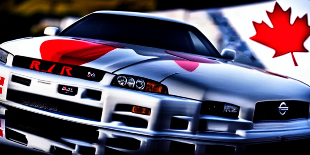Image similar to nissan skyline r34 with Canadian flag reflection, photography, realistic