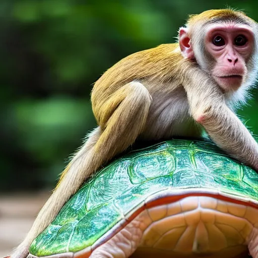 Image similar to a monkey sitting on the back of a turtle