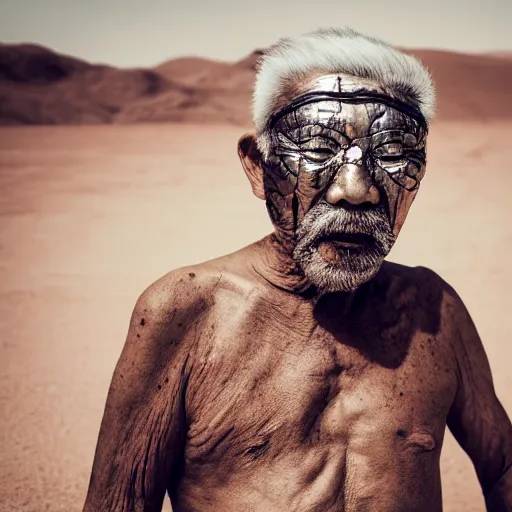 Image similar to floating old asian man with beard, his head covered in jewels, full face occult silver mask, glowing eyes, wearing a large carved wooden stick, smoke around him, in the dry rock desert, cinematic shot, wide angle, desert background, award winning photography, 8k, in the style of David Lynch, Alejandro Jodorowsky and Gaspar Noe