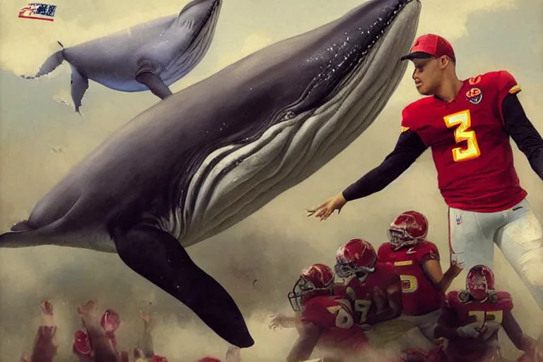 Image similar to a whale who loves patrick mahomes and the nfl, by greg rutkowski, rossdraws, gil elvgren, enoch bolles, anime, very coherent