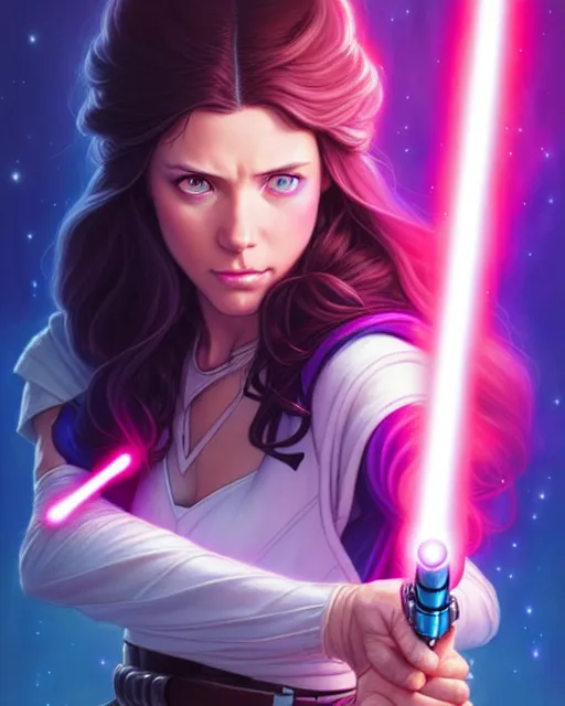 Prompt: pretty blue eyed brunette girl!! pink lightsaber! gorgeous, beautiful, jedi, fire emblem, art by artgerm and greg rutkowski and magali villeneuve, portrait, d & d, fantasy, highly detailed, digital painting, trending on artstation, concept art, sharp focus, illustration