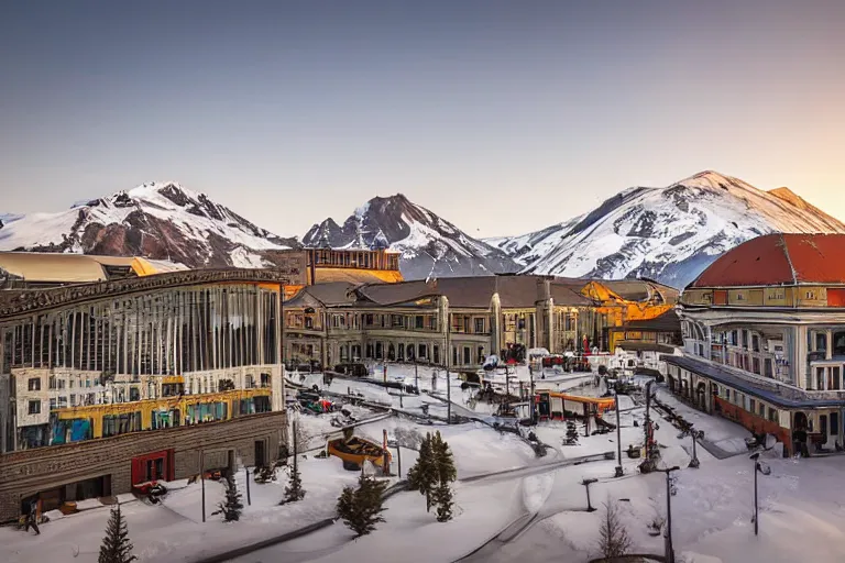 Prompt: architecture photo modern fachwerk opera building settlement with Elbrus mountain on the background, architecture, photorealism 8k , shining and happy atmosphere, uplight, high details