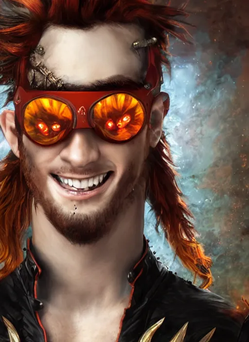 Image similar to An epic fantasy comic book style portrait painting of young man with red spiked long hair, using an orange lens googles. Wearing white shirt, a black waistcoat, brown pants and black boots. He is with a vicious smile in face. Unreal 5, DAZ, hyperrealistic, octane render, cosplay, RPG portrait, dynamic lighting