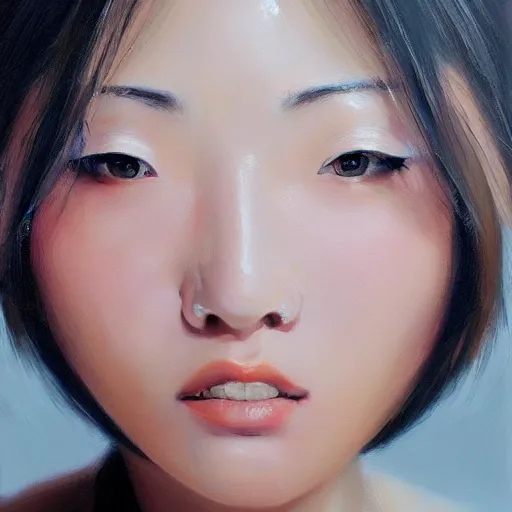 Image similar to perfect, realistic oil painting of close-up japanese girl face, by Sakimichan, by an American professional senior artist, Hollywood concept, dynamic composition and motion, postproduction.