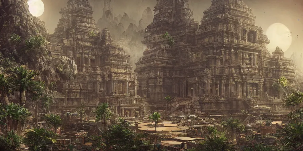 Prompt: a large kowloon khmer temple on the moon, filled with plants and habitats, hyper detailed, dieselpunk, technology, cinematic atmosphere, trending on artstation, cgsociety, synthwave