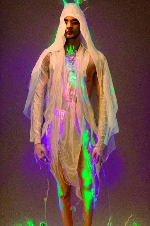 Image similar to full-body rococo and cyberpunk delicate neon crystalline sculpture of ((muscular slender albino prince Zayn Malik con la piroca dura)) as an iridescent humanoid deity wearing a thin see-through ((plastic hooded cloak)) sim roupa (holding a human skull), reclining con (((las piernas abiertas))), glowing pink face, crown of (((white lasers))), large diamonds, swirling black silk fabric. futuristic elements. oozing glowing liquid, full-length view. space robots. intricate artwork by caravaggio. Trending on artstation, octane render, cinematic lighting from the right, hyper realism, octane render, 8k, depth of field, 3D