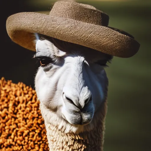 Prompt: professional photography of a llama with a hat, photo session, global light